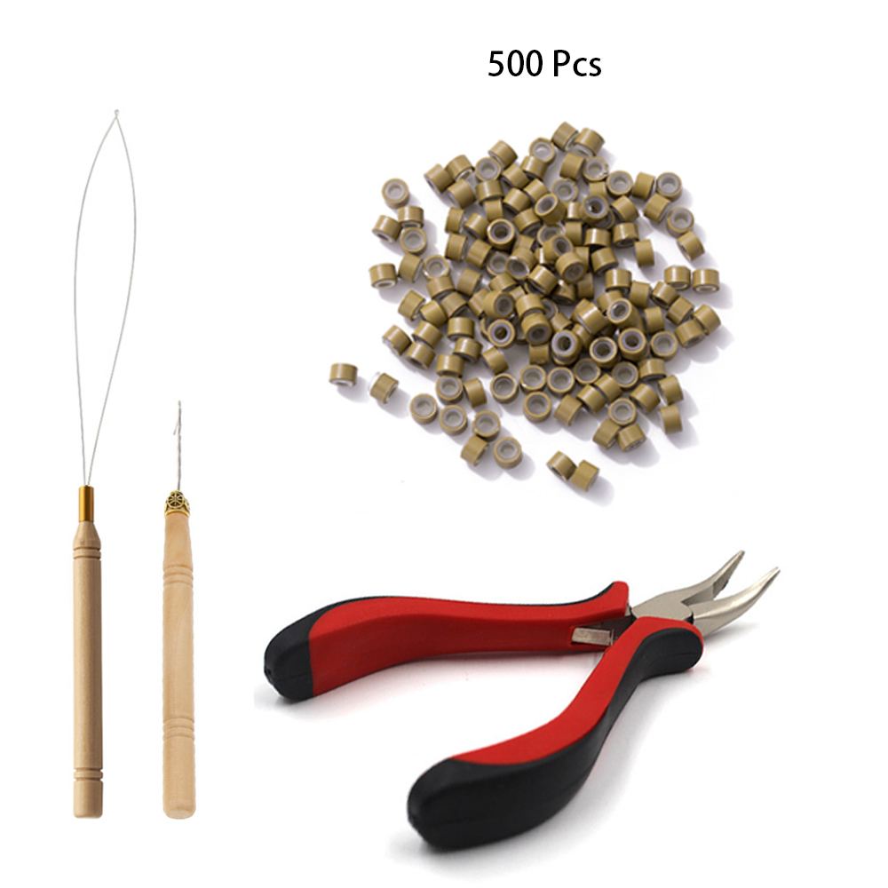 Kit de ferramentas para extensões de cabelo, 500 peças, preto, marrom escuro, marrom claro, dourado, micro anel, contas, 1 micro contas, alicate, 1 gancho, agulha puxando: Vermelho