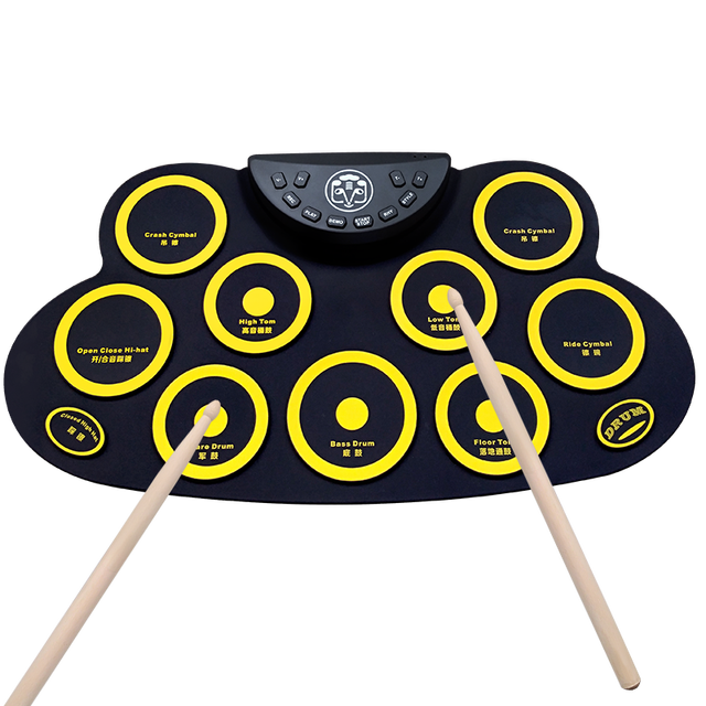 Compact Size USB Roll-Up Silicon Drum Set Digital Electronic Drum Kit 9 Drum Pads with Drumsticks Foot Pedals: G621 yellow