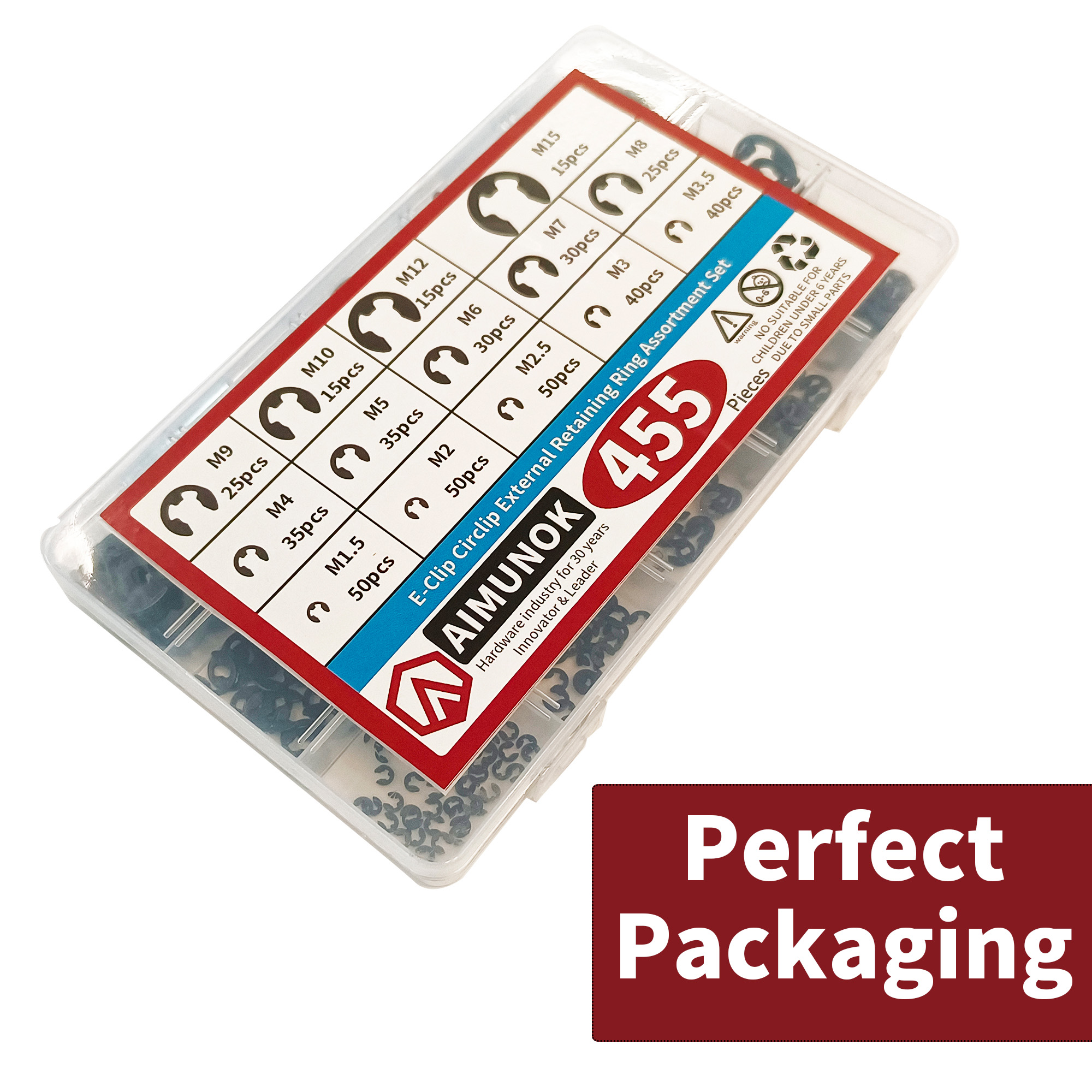 AIMUNOK 455 szt. Zestaw zewnętrznych pierścieni ustalających E-Clip Zestaw pierścieni zatrzaskowych, zestaw klipsów C ze stali wysokowęglowej, 14 rozmiarów SAE Pierścień zabezpieczający Sna