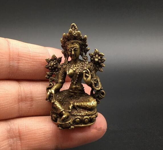 Kinesisk ren messing grøn tara buddha lille statue