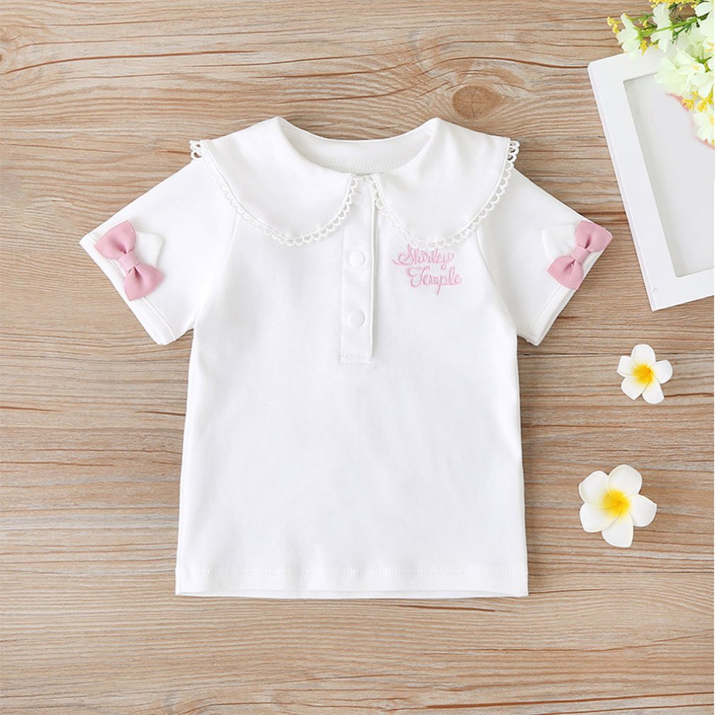 Nova menina verão algodão curto-mangas compridas menina camiseta coreano moda crianças roupas de cor sólida arco camisa