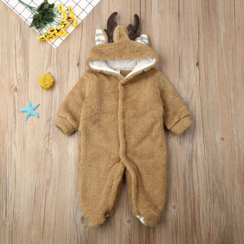 Newborn Baby Girl Boy Deer Hooded Romper Jumpsuit Winter One-Piece Outfits Christmas Clothes 0-18M