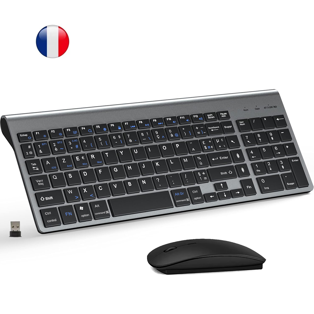 AZERTY-Layout, französische, ultraschlanke Dual-Modus-Bluetooth-Tastatur- und Maus-Kombination mit drei Kanälen für PC, Laptop, Windows, iOS, Mac und Android