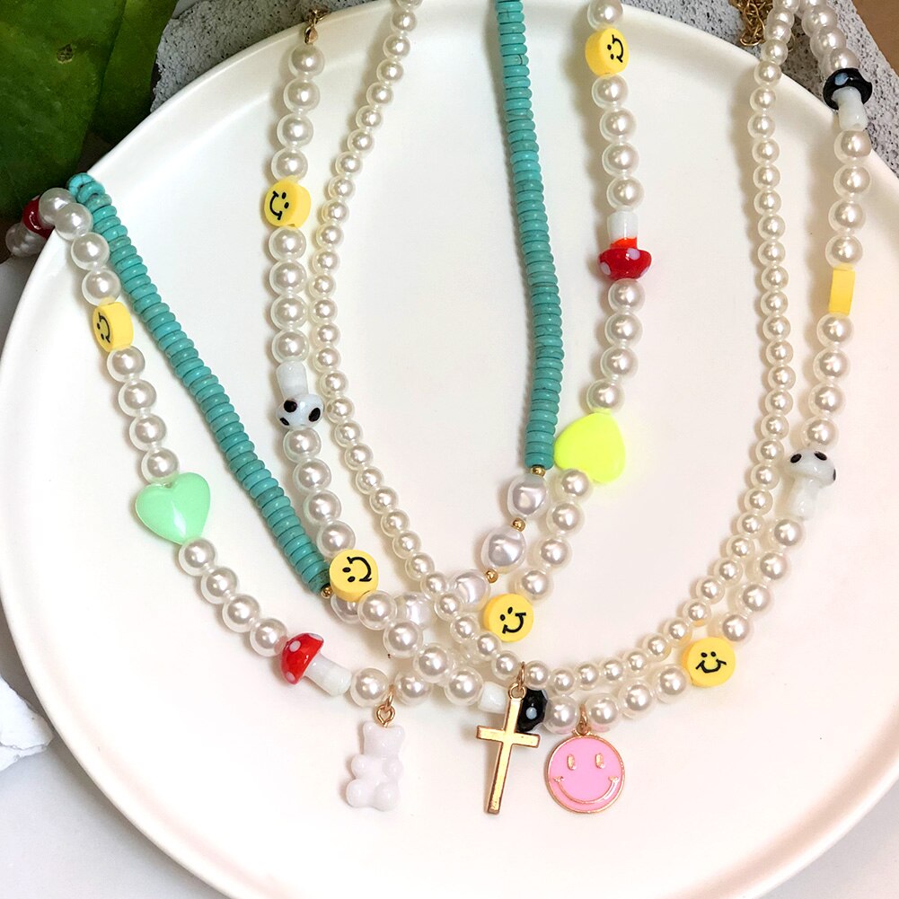 Boho Evil Eye Smile Pearl Beaded Necklace For Women Imitation Pearl Christmas Y2K Happy Face Choker Collar Party Jewelry