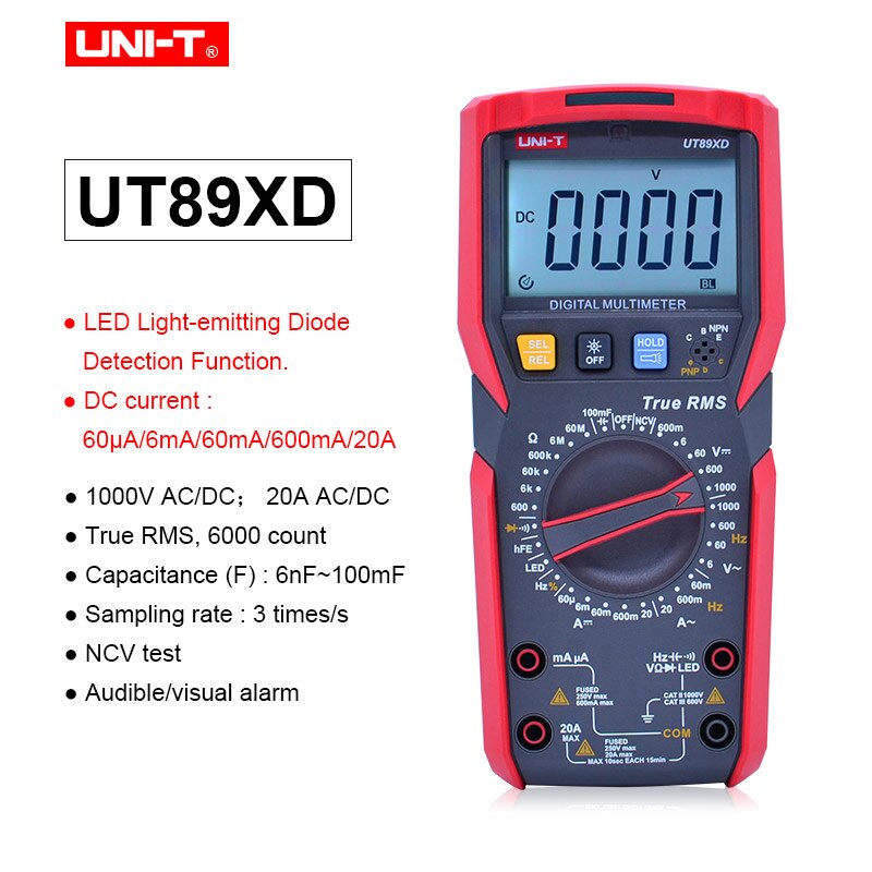 Uni-t  ut89x/ut89xd ægte rms digital multimeter 20a højstrøm digital multimeter ncv / kondensator / triode / temperatur / led test: Ut89xd