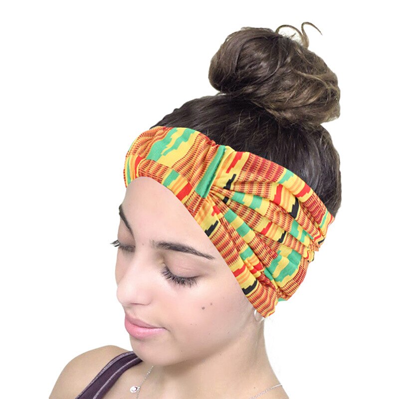 Afrikansk print stretch bomulds hovedbånd til kvinder elastisk hovedbeklædning turban hoved tørklæde damer bandage hoved wrap hår tilbehør: Gul