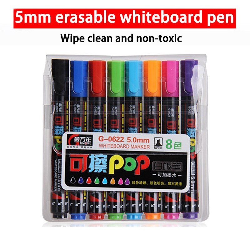 Know/genvana 8 -kleurige uitwisbare pop whiteboardmarker voor keramisch glas, 5mm/12mm beitelpunt, geurarme, uitwisbare en navulbare marker: 5mm 8 kleur