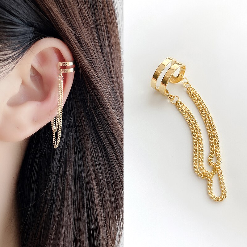 Huanzhi guld sliver färg metall ear cuff örhängen utan piercing geometrisk kedja dubbel cirkel för kvinnor flicka smycken: 3 ett stycke guld