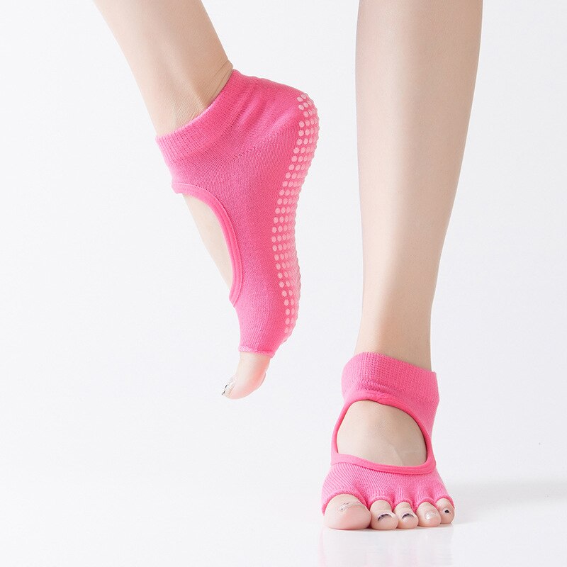 Calzini Yoga Donna - 3 Paia - Collo e Dita Aperte - PVC Antiscivolo Massaggio Dita: Rosa rosso 2