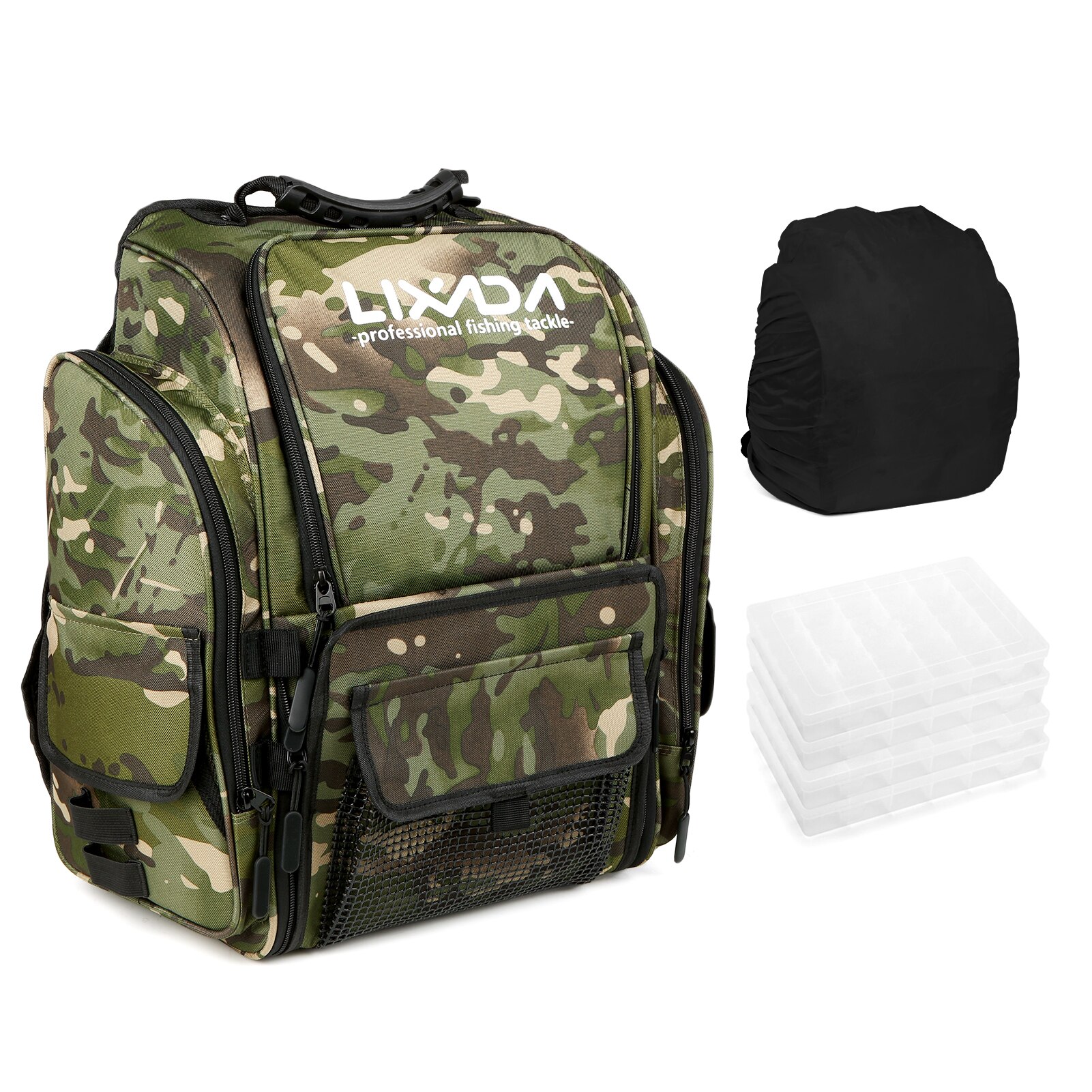 Lixada Fishing Tackle Backpack with 4 Trays Large Tackle Storage Bag with Rain Cover Outdoor Shoulder Backpack Fishing Gear Bag