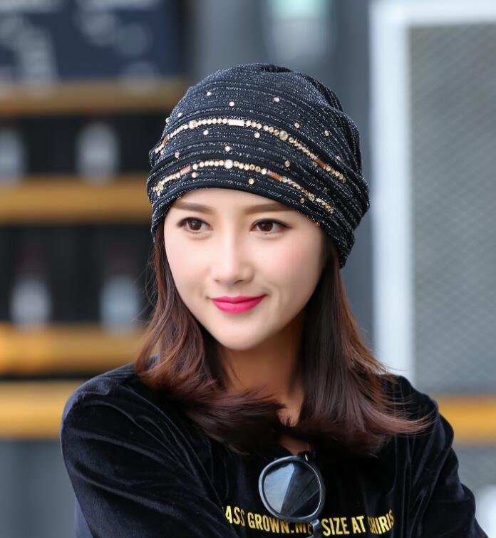 Lace Striped Rhinestones Beanie Hats For Women Casual Diamond Turban Bonnet Caps Female Thin Skullies E Gorros Mulheres: Black