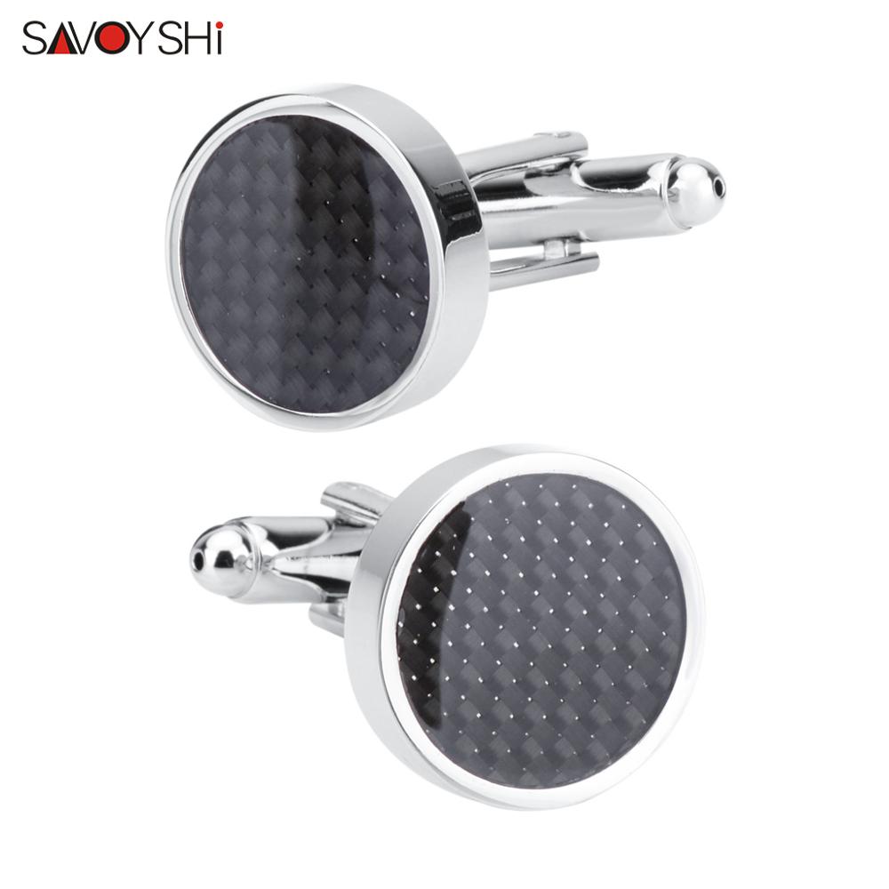 SAVOYSHI Black Carbon Fiber Cufflinks for Mens Shirt Cuff buttons Round Silver color Cuff link Brand Men Jewelry: Only Cufflinks