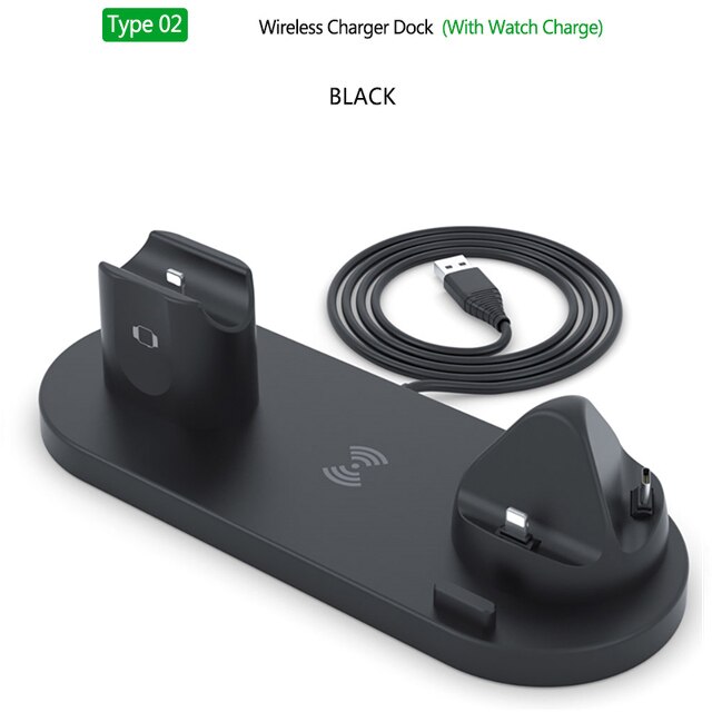 Estación de carga inalámbrica 6 en 1 DCAE para teléfonos iPhone/Android/tipo-c, USB, carga rápida de 10W Qi para Apple Watch AirPods Pro: Type 2 Black