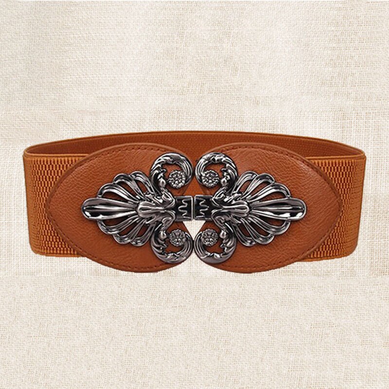 21 types Women Elastic Wide Belt Thick Vintage Totem Print Stretch Leather Waist Belt For Dress Corset Cinch Waistband Z30: Brown Gun black