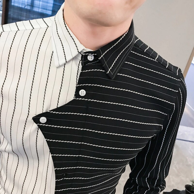 Randig skjorta herr långärmad slim fit svart vit kontrastfärg patchwork camisa hombre casual koreanska höstskjortor  v210