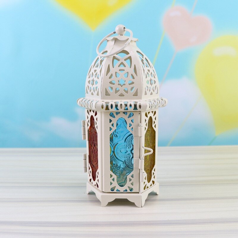 Portavelas marroquí Vintage a prueba de viento colgante vela linterna hierro vidrio candelabro votivo Decoración Para celebración de boda hogar 7*17cm: b