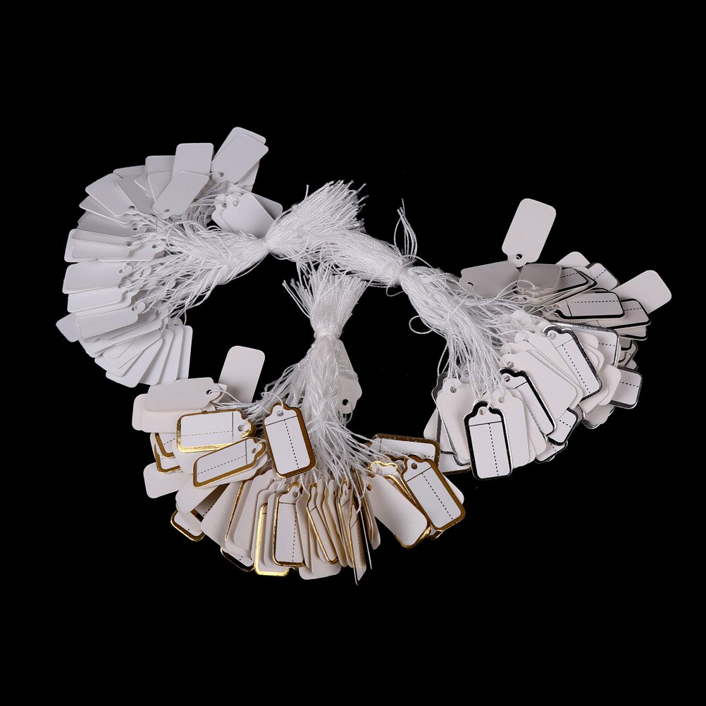 100 stks/partij Rechthoekige Label Tie String Sieraden Kleding Display Merchandise Prijs Tags Wit/Zilver/Goud 25*13mm