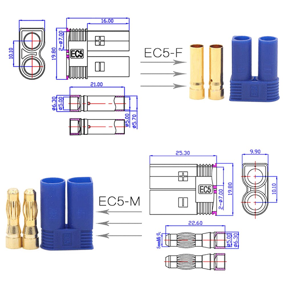 5set/lot EC3 3mm/EC5 5mm Male-Female Type Battery Connector Golden Battery Connector Bullet Plug