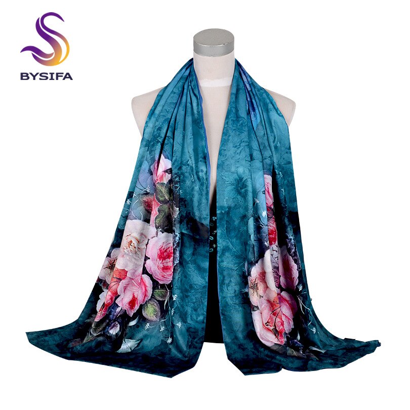 [bysifa] herfst winter lange sjaals omslagdoeken dames rozen halssjaal dubbelzijdige knopen sjaals omslagdoeken 175*50cm: Inktblauw