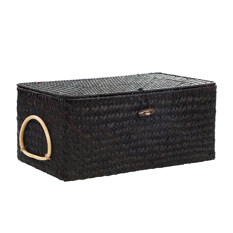 Wicker Basket Natural Seagrass Storage Basket with Lid Handwoven Storage Box Rattan Sundaries Organizer Multipurpose Container: Black / 33X22X15CM