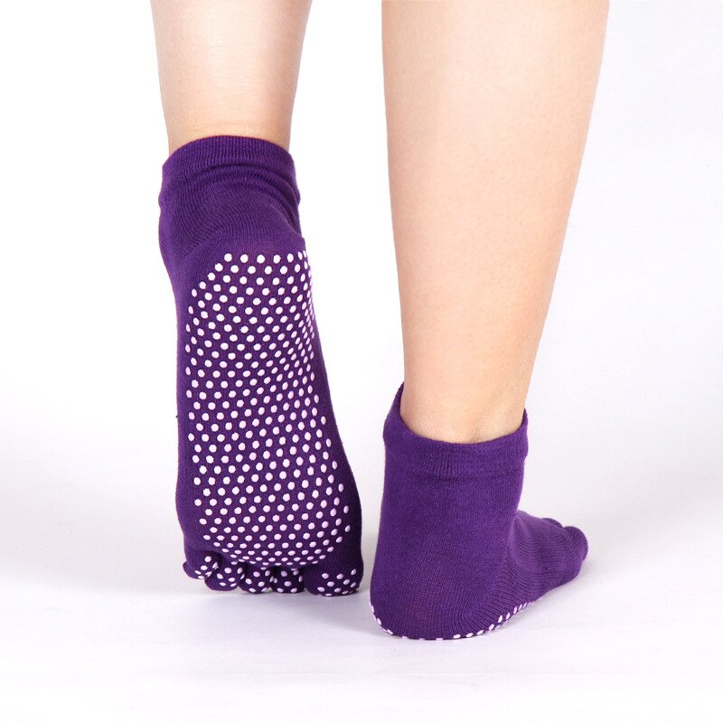 Calcetines de Yoga antideslizantes profesionales para mujer, medias de cinco dedos, de algodón puro, antideslizantes, cálidos, para Otoño e Invierno: full toe-purple