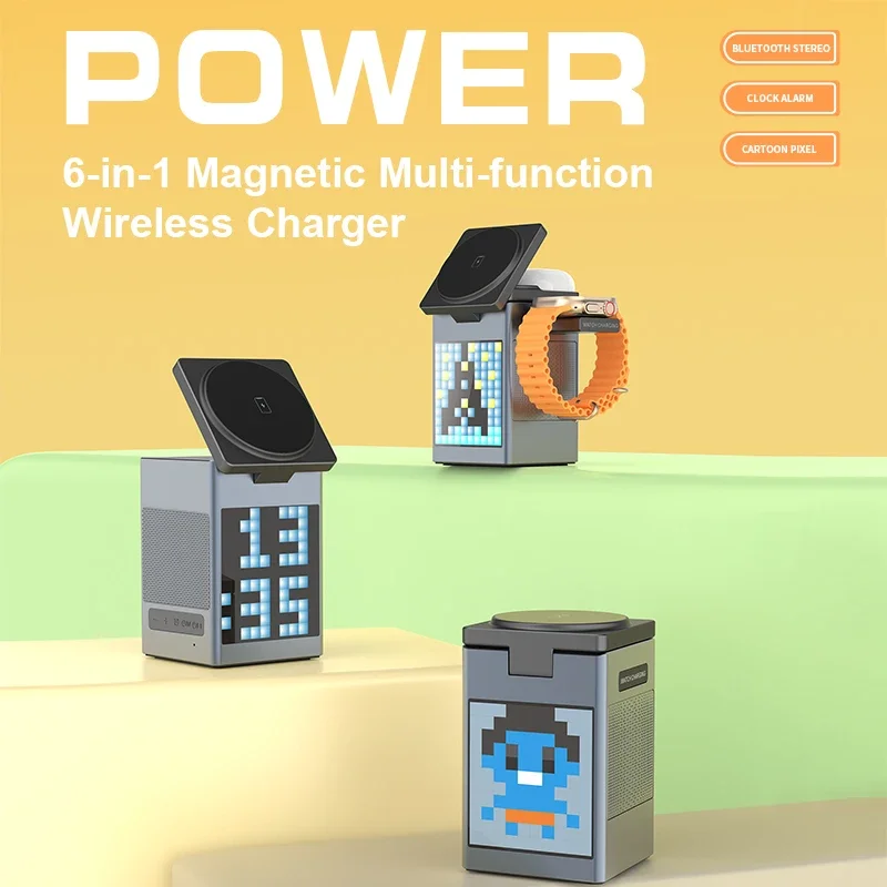 Altavoz Bluetooth 6 en 1, cargador inalámbrico para iPhone 16, 15, 14, 13, 12, estación de carga rápida para Apple Watch 9, 8, 7, 6, 5, 4, con reloj