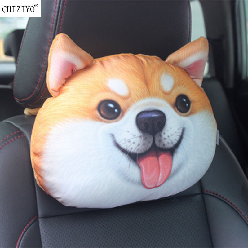 CHIZIYO 1PC 3D Printed Dog Face Auto Car Neck Pillow Seat Head Rest Breathable Cushion Headrest