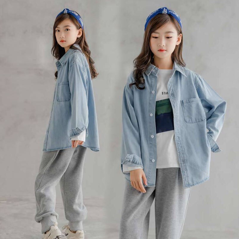 Blusa de manga larga para niña adolescente, camisa azul vaquera a la para niño, Tops holgados informales que combinan con todo, prendas de vestir exteriores 12 13 14 años