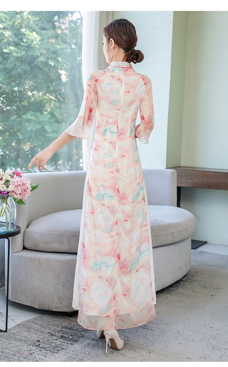 Letni nadruk z szyfonu qipao długie wietnamskie sukienki Aodai