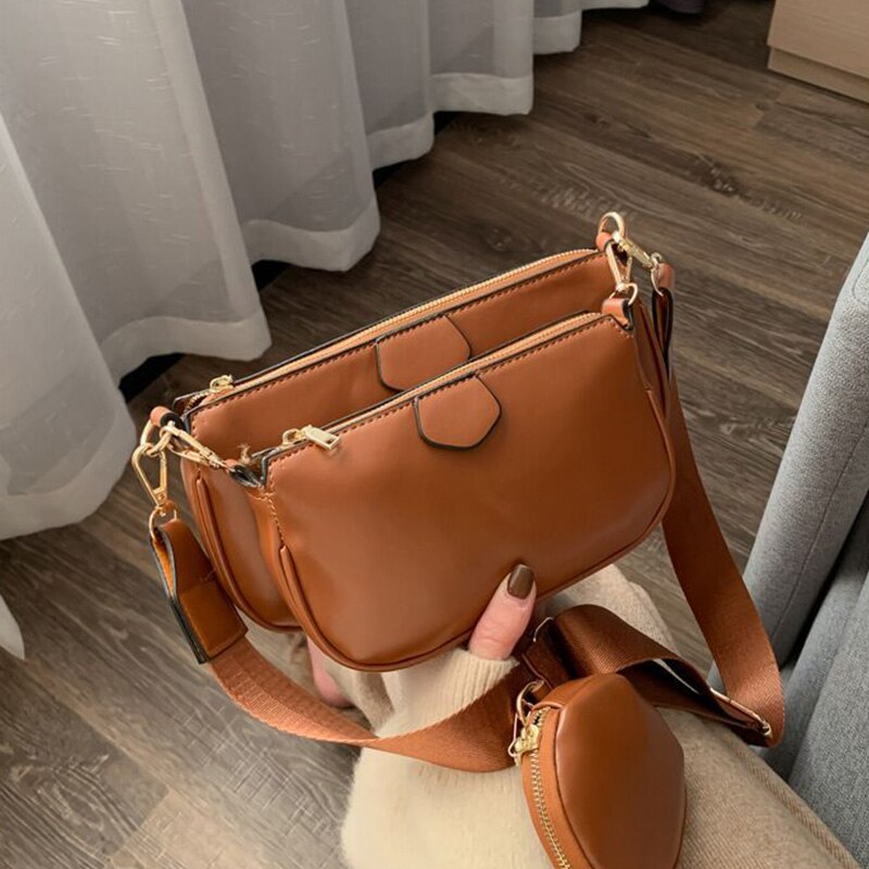 Messenger Shoulder Bags For Women With Wide Strap 3 Bags/set Female Pu Leather Handbag Purse Cross Body Bag: Brown