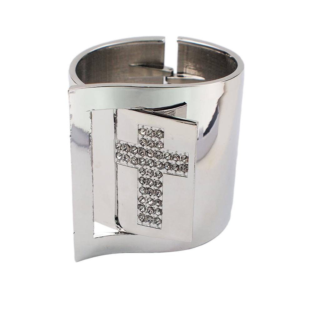 Grote manchet armband met manilla kruis en strass steentjes voor dames, kostuum statement armband sieraden: Zilveren armbanden