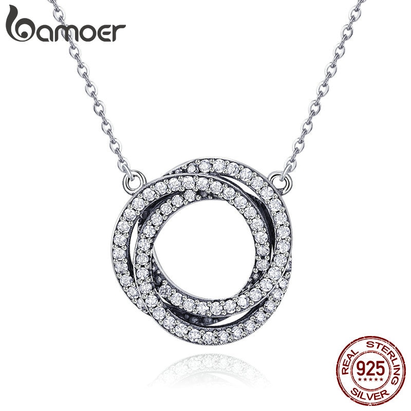 Bamoer Echt 925 Sterling Zilveren Minimalisme Elegante Ronde Cirkel Clear Cz Hanger Kettingen Vrouwen Sterling Zilveren Sieraden SCN259