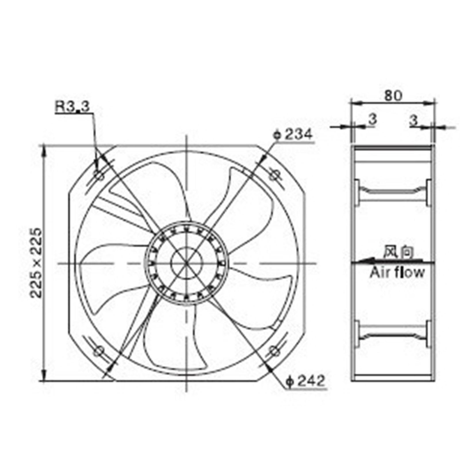 220V AC 225x225x80mm Axial Radiator Fan 588CFM 2500RPM Ball Bearing High Speed