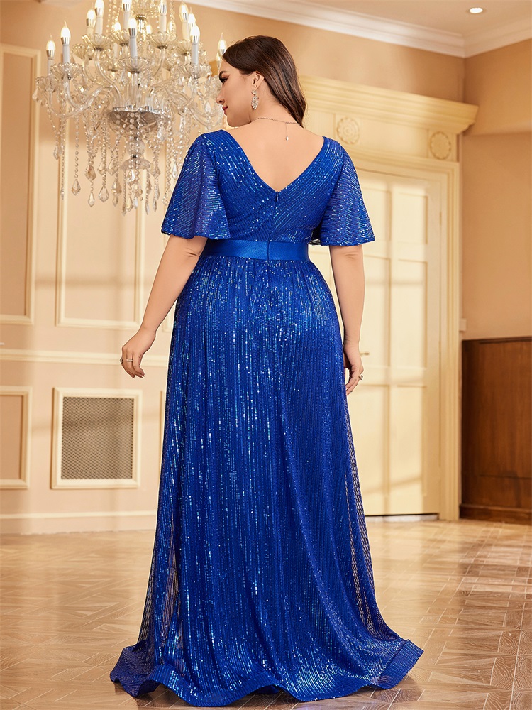 Lucyinlove Plus Size Luxe V-Hals Korte Mouwen Formele Avondjurk Vrouwen Pailletten Huwelijksfeest Prom Maxi Cocktail Jurk Jurk