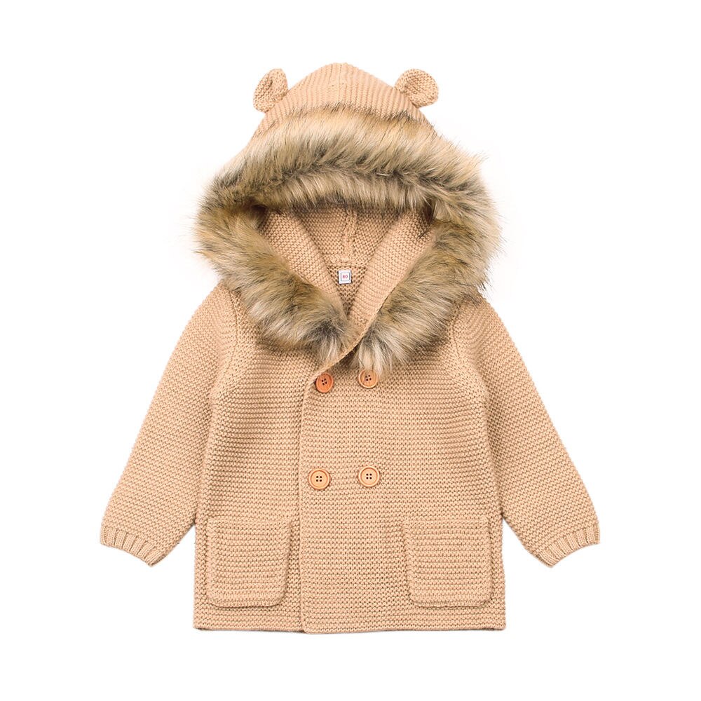 Babykleding kindertruien jongens capuchon bontkraag gebreide jas lange mouwen herfst- en winterjas babymeisje winterjas: Khaki / 6m
