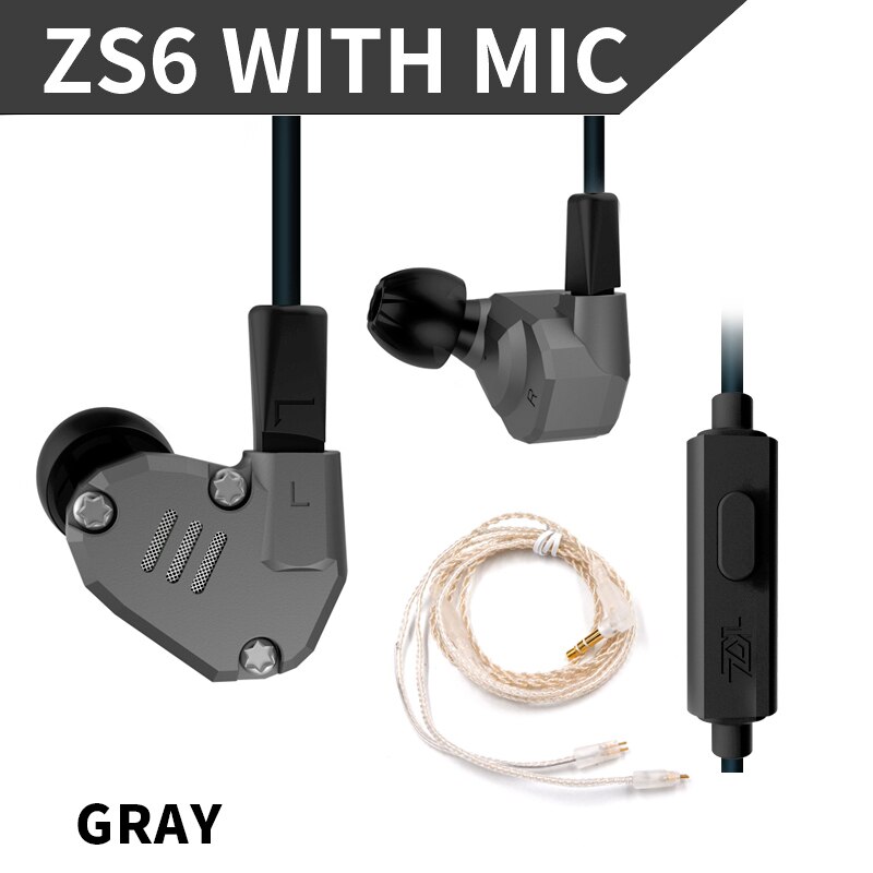 AK KZ ZS6 2DD+2BA Hybrid In Ear Earphone HIFI DJ Monito Running Sport Earphones Earplug Headset Earbud KZ AS10 ZST ZS10 AS16 ZS7: gray mic silver