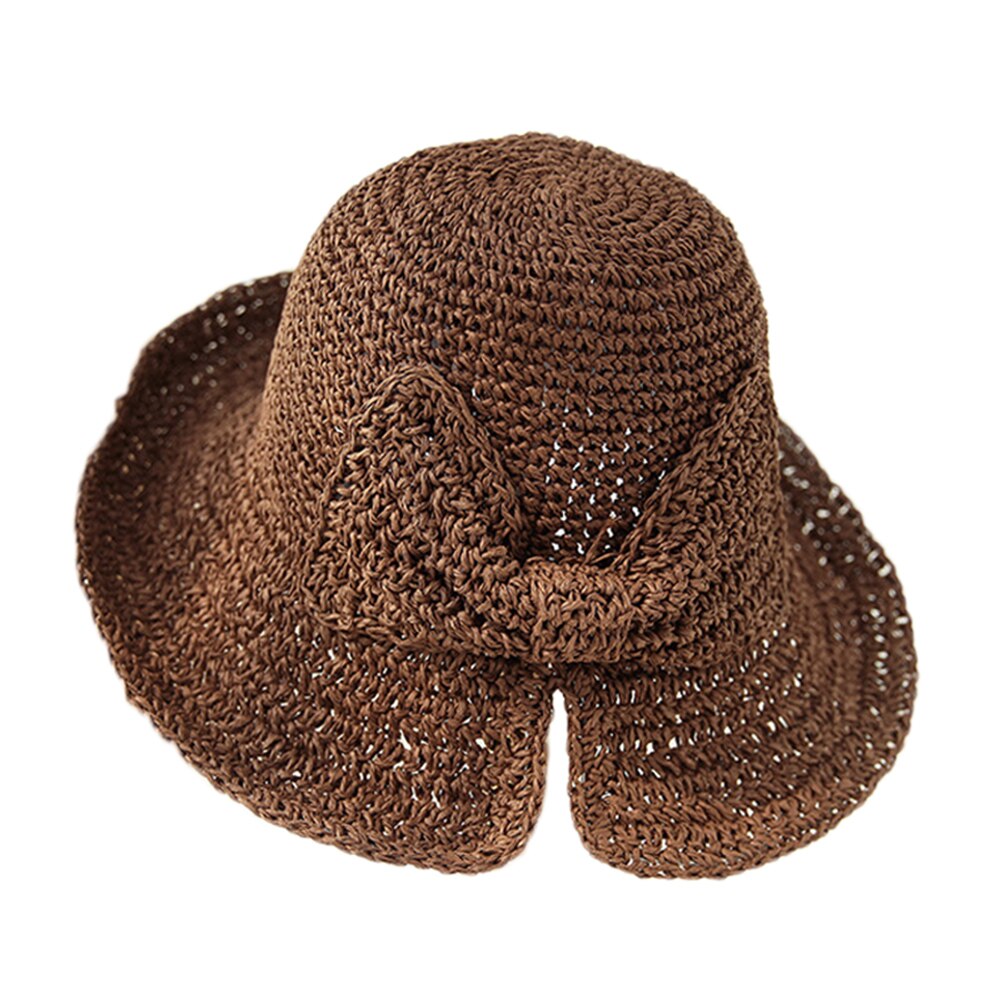 Women Lady Straw Foldable Bucket Hat Bowknot Wide Brim Cap Breathable for Outdoor Fishing Beach Sun Fisherman Hats Summer: dark brown