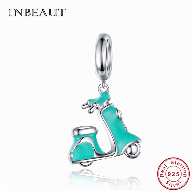 Inbeaut 100% Echt 925 Sterling Zilver Blauw Emaille Elektrische Scooter Charms Leuke Motobike Kralen Fit Armband Sieraden