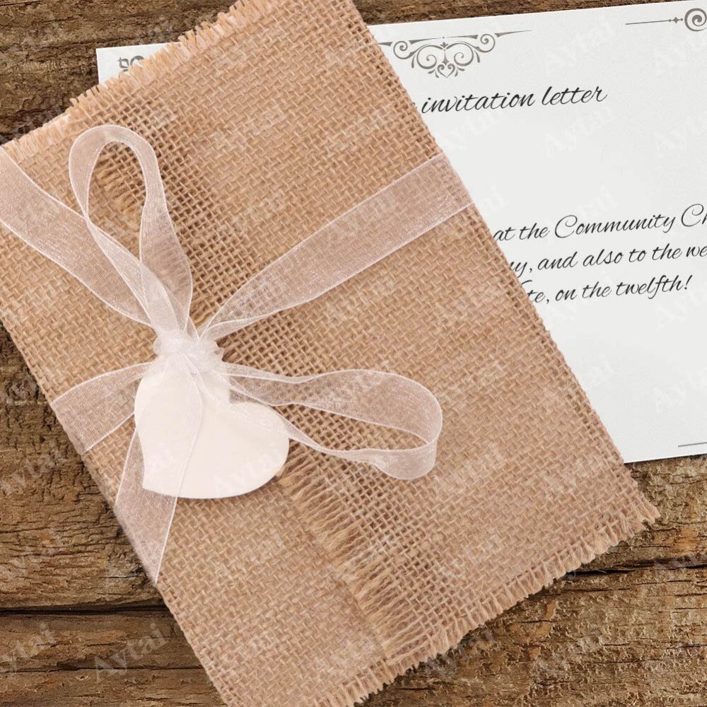 OurWarm 10 stks Jute Trouwkaarten met Monogram Tag Feestartikelen Verjaardag Rustieke Vintage Uitnodigingen Vintage Kaarten