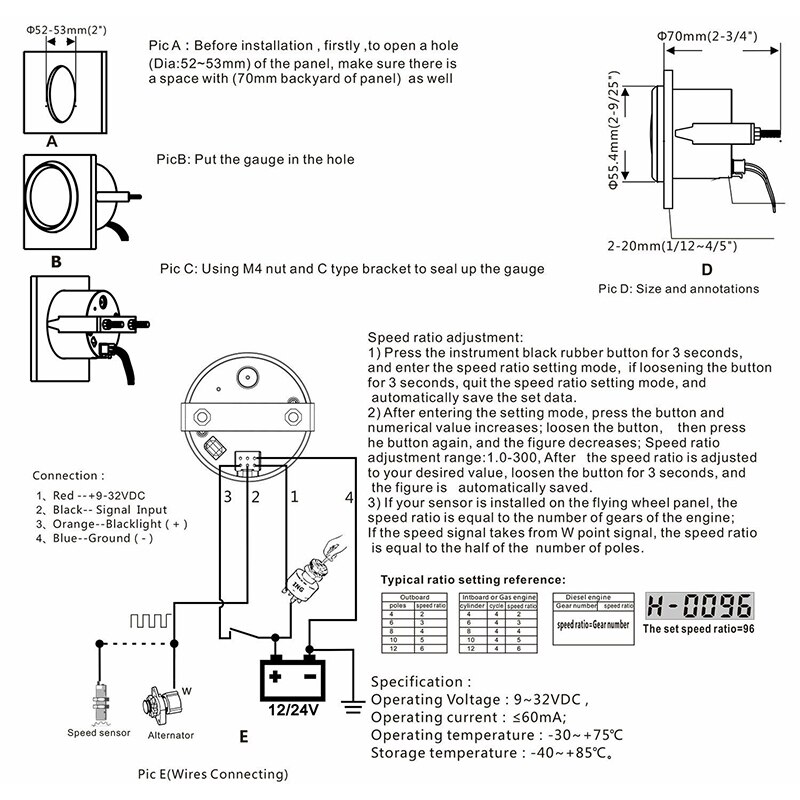 Boat LED Digital Tachometer Engine Hour Meter Marine Outboard RV RPM Meter Gauge