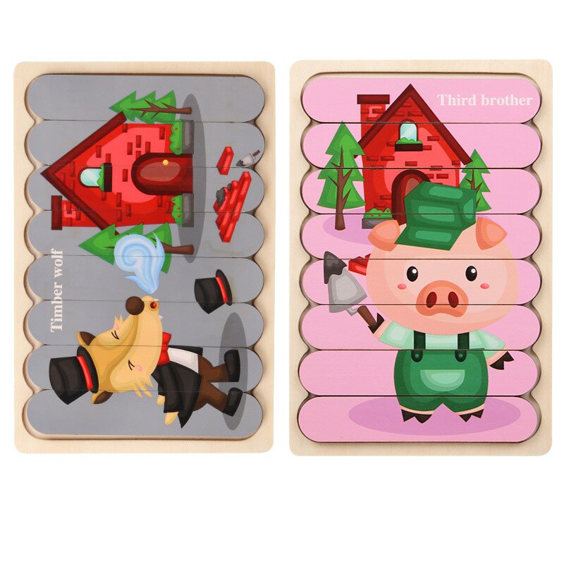 2Pcs Kids 3D Strip Jigsaw Puzzle Cartoon Animals/traffic Wooden Toy Early Learning Toys For Children Montessori Educational