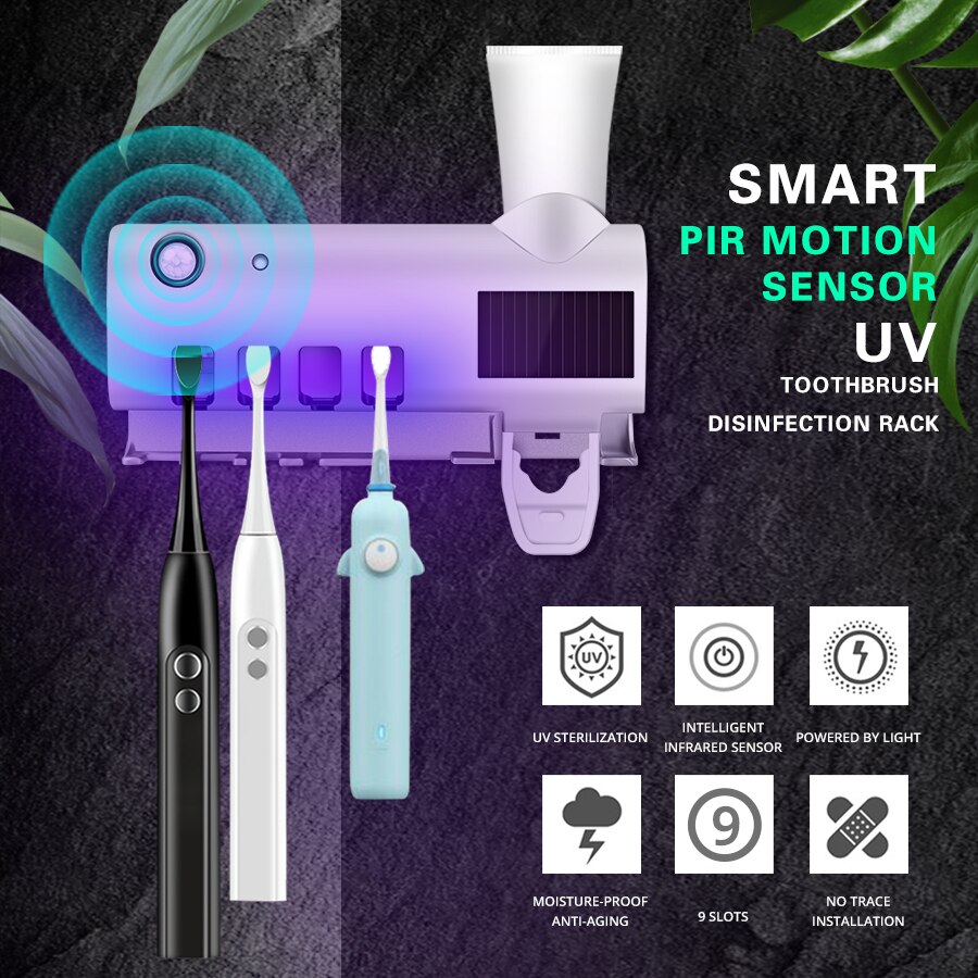 Household Ultraviolet Lamp UV Toothbrush Sterilizer 4 in 1 PIR Motion Sensor UVC Disinfection Lights Auto Toothpaste Squeezers