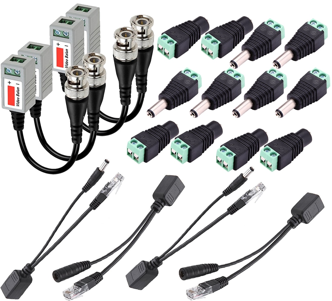 BNC Video Balun+Ethernet PoE Adapter RJ45 Injector Splitter+12V DC Male Female Plug Connector CCTV Power Cable 2.1 x 5.5mm