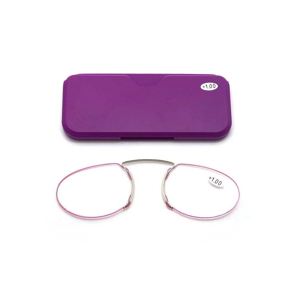 stick on phone MINI clip nose bridge reading glasses 1.0 to 3.5 Portable presbyopic glasses with Case: +300 / purple