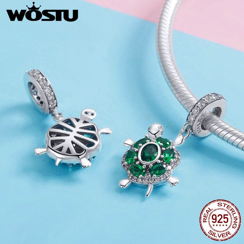 WOSTU 100% 925 Sterling Silver Green Turtle Charm Fit Bracelet & Necklace Pendant Lovely Animal Jewelry CQC1017