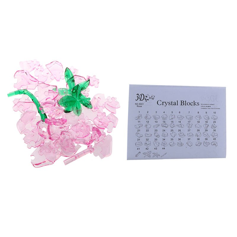 3d krystal puzzleblock puslespil model diy rose iq legetøjsmøbler gadget pink