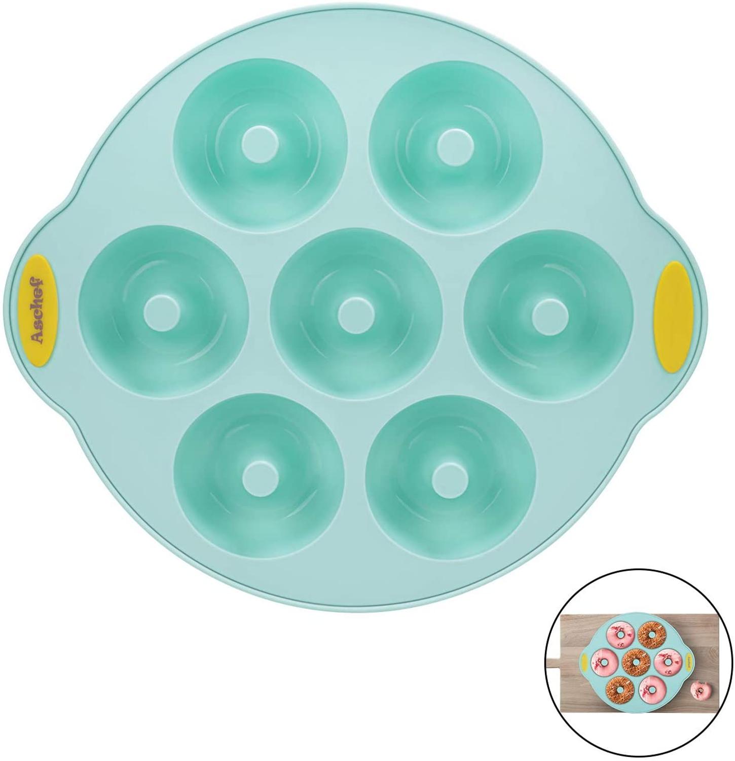 Donut Baking Pan cake Molds Tray Silicone Bakeware 7 Cavity with Reinforced Metal Core Handle Grip Non Stick