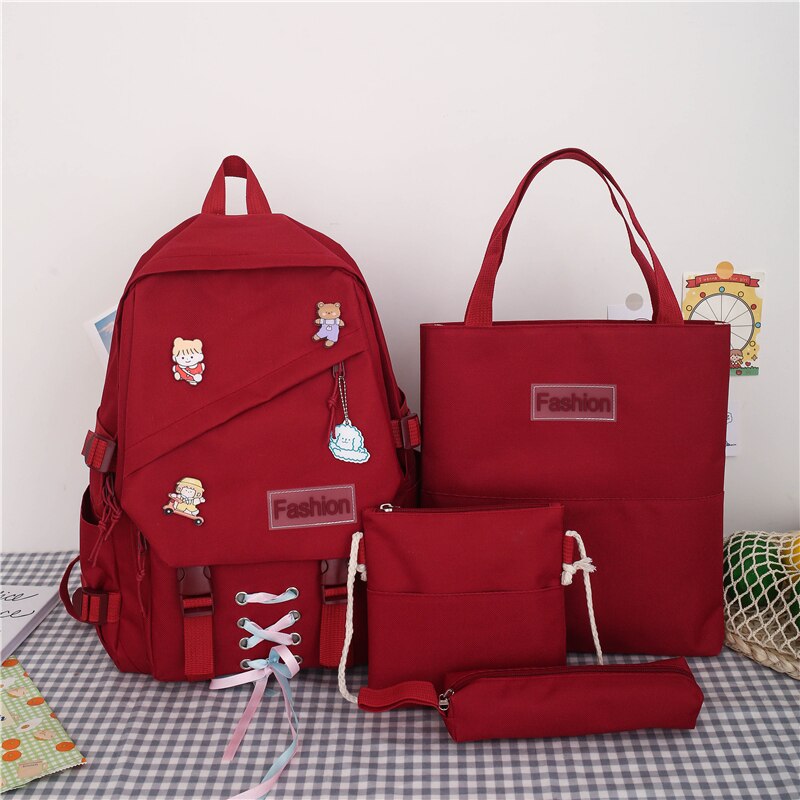 Girls School Bags for Teenage 4 Pcs Set Nylon Cute Ribbon Backpack Women Middle Student Schoolbag: Red