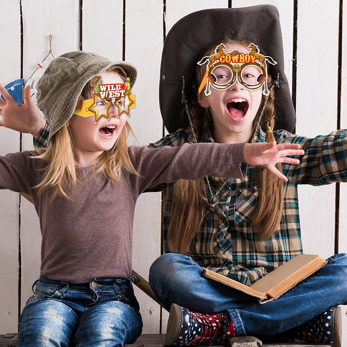 Fotorekwisieten met western cowboythema, papieren brillen, feestartikelen voor kinderen, cowgirl, paardenraces, verjaardagsfeestdecoratie.