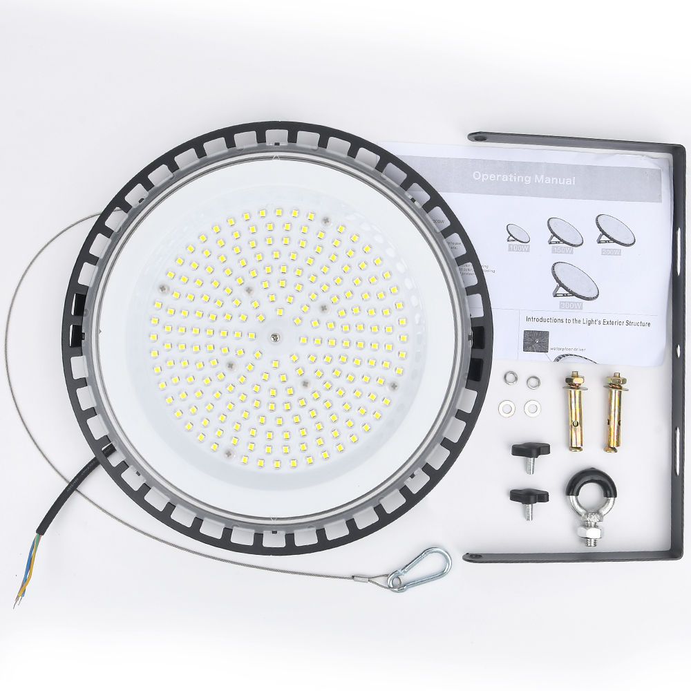 LED-Industrieleuchte, hohes Buchtlicht, hohe Helligkeit, Lagerlampe, 100 W, 150 W, 200 W, mit Sicherheitsseilen, Halterungen für Fabrikladen